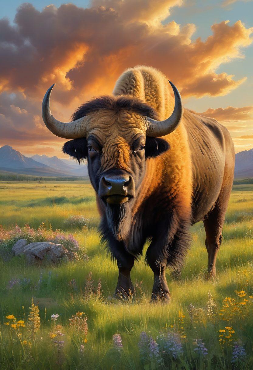 A majestic buffalo standing proudly in a sprawling green meadow at sunset, with golden light illuminating its shaggy fur and dramatic clouds above. Include a palette of rich earth tones and soft pastels to create a serene atmosphere, while capturing intricate details of the buffalo's face and horns. Surround the buffalo with wildflowers and a distant mountain range for depth. painting. vibrant colors. natural light.