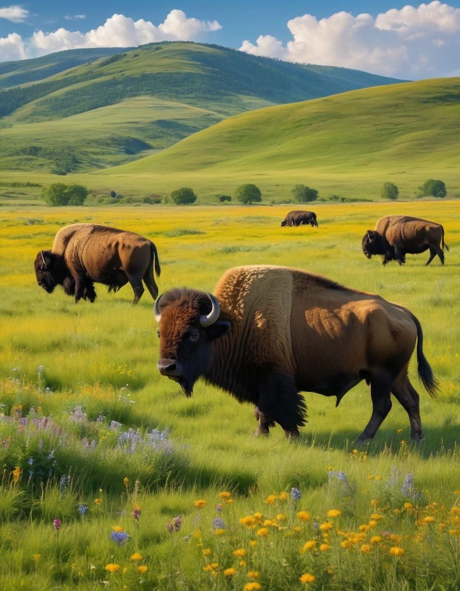 A vibrant scene capturing a group of cheerful bison grazing freely in a lush, green meadow with a background of rolling hills and a bright blue sky. The bison should appear playful and relaxed, surrounded by wildflowers that add pops of color to the landscape. Emphasize the natural habitat and golden sunlight filtering through scattered clouds, highlighting the beauty of wildlife photography. super-realistic. vibrant colors. natural setting.