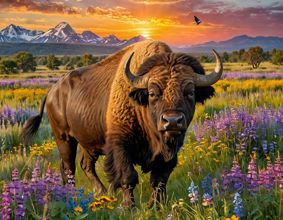 A majestic buffalo in a vibrant, sunlit meadow, surrounded by blooming wildflowers and a glowing sunset in the background. The buffalo's expression radiates joy, capturing its spirit. Butterflies flutter around, adding a touch of whimsy, while birds soar above, creating a sense of freedom. Emphasize rich colors and natural beauty to evoke feelings of happiness and tranquility. super-realistic. vibrant colors. nature-themed.